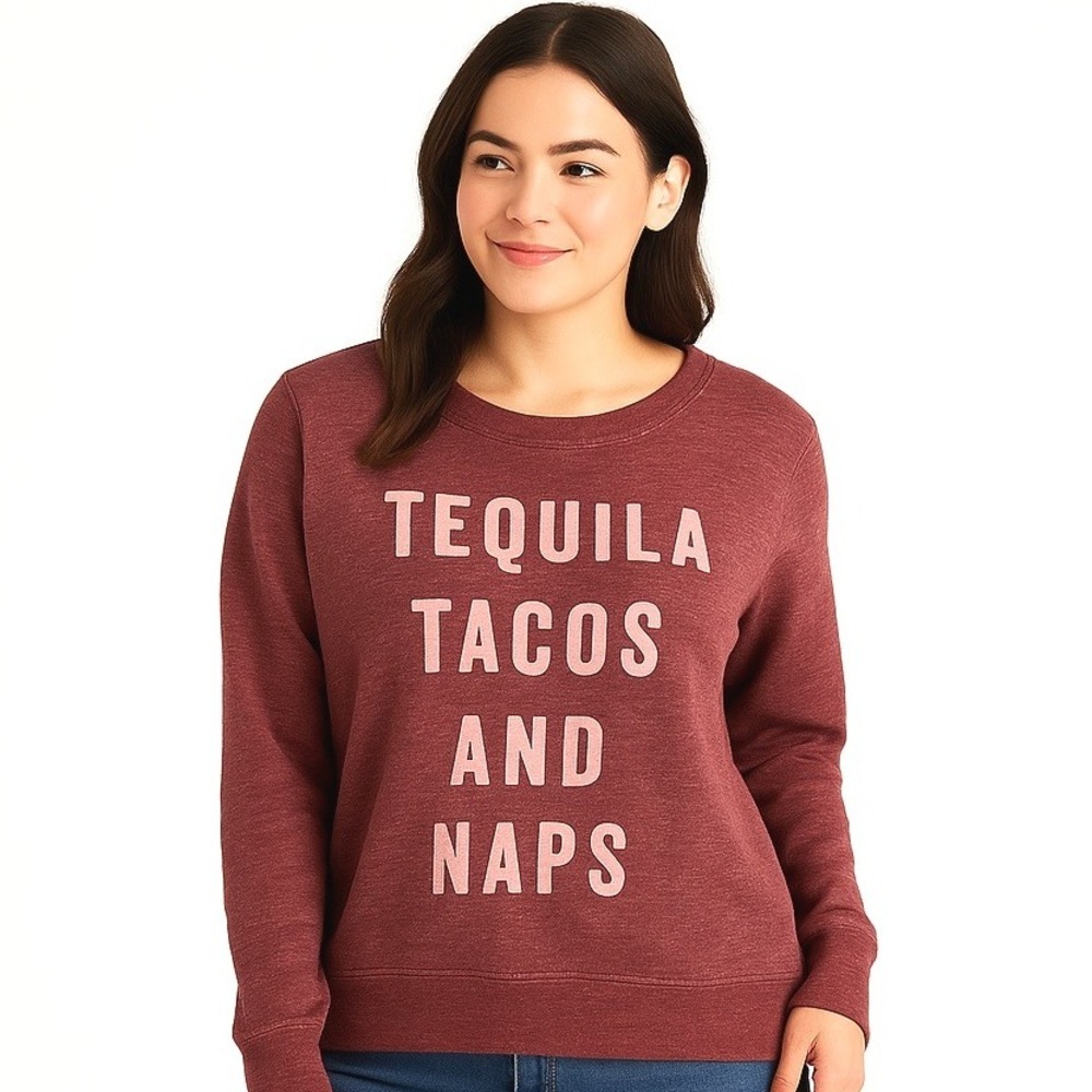 Zoe + Liv‎ Sweatshirt S Heathered Burgundy Pullover Graphic HiLo Cozy Casual
